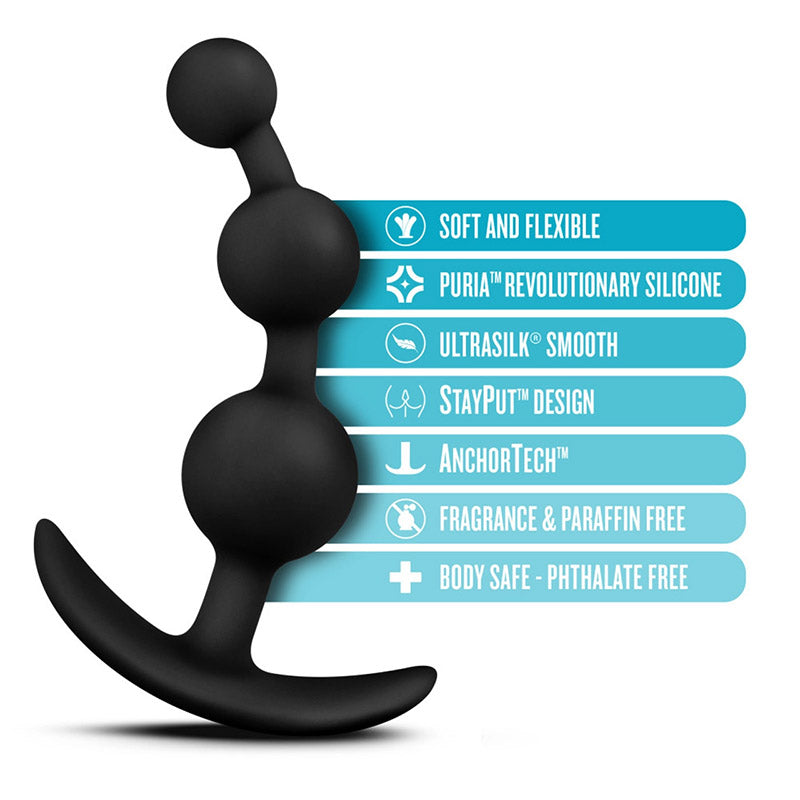 Luxe Be Me 3 black anal bead plug next to a list of product features