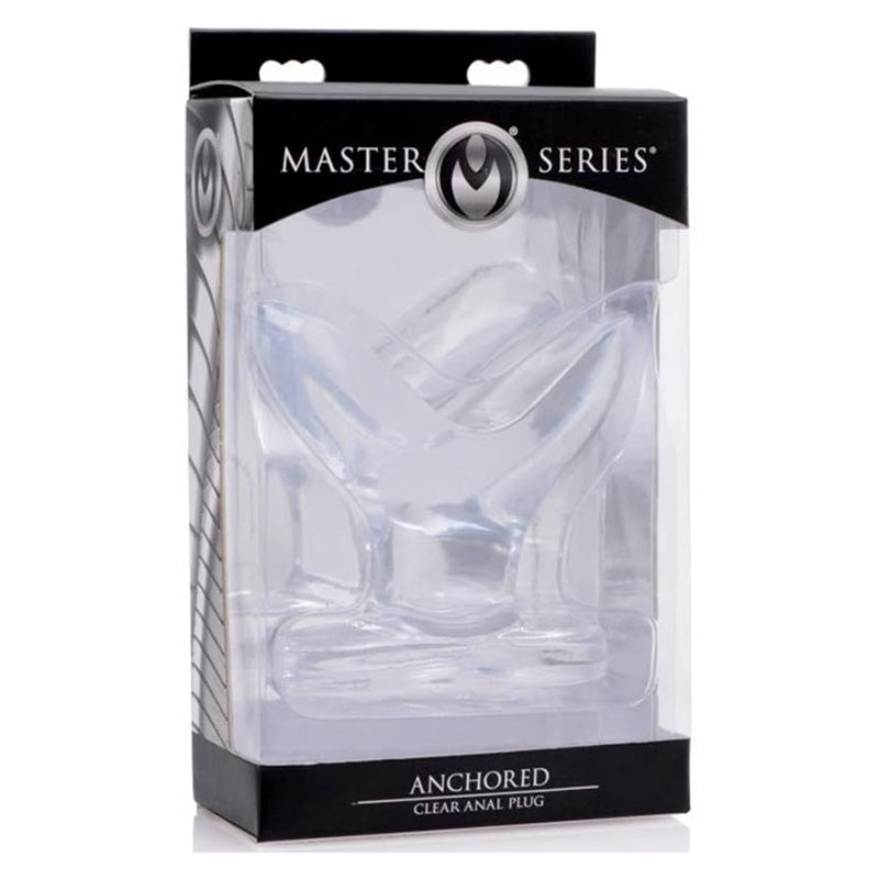 Anchored Clear Anal Plug in packaging with 'Master Series' branding on a white background