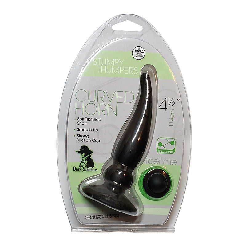 Plastic product packaging for Stumpy Thumpers Curved Horn 4.5 inch silicone butt plug