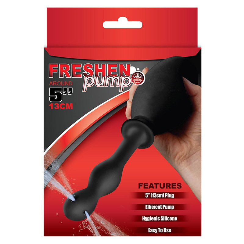 Product packaging of a black anal douche with rippled nozzle with red and gray accents, featuring the text 'Freshen Pump' and a list of features.