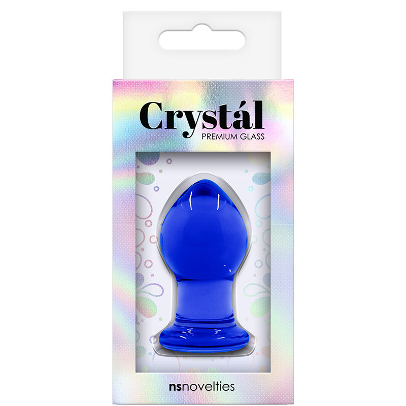 Iridescent product packaging for NS Novelties NSN-0701-17 Crystal Butt Plug - Small - Blue with text 'Crystal Premium Glass' and nsnovelties branding