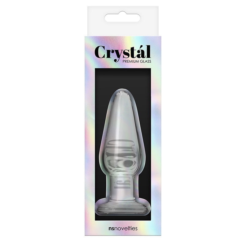 Iridescent product packaging for NSN-0706-21 Crystal Tapered Butt Plug - Medium - Clear with text 'Crystal Premium Glass' and nsnovelties branding