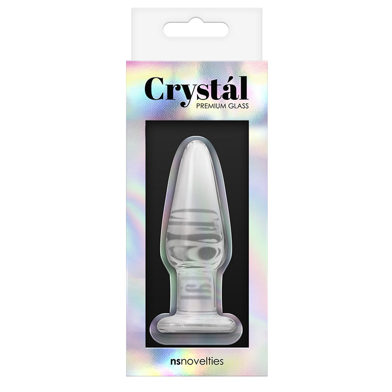 Iridescent product packaging for NSN-0706-11 Crystal Tapered Butt Plug - Small - Clear with text 'Crystal Premium Glass' and nsnovelties branding