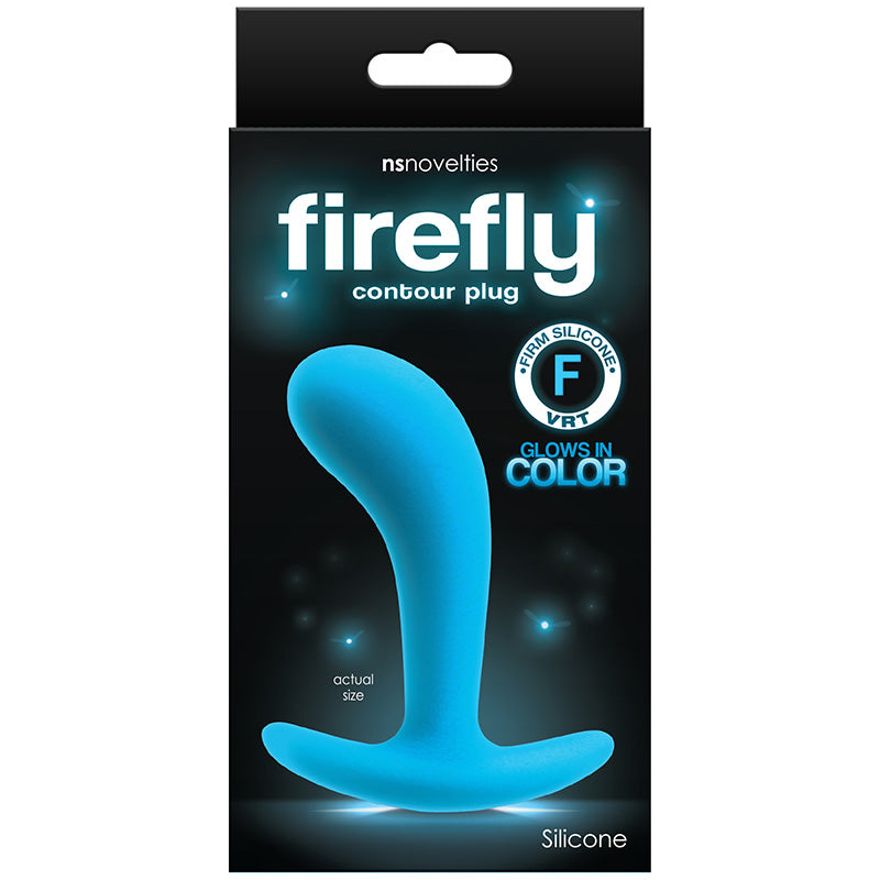 Product packaging for Firefly Contour Plug with blue butt plug and nsnovelties branding, with text 'silicone' and 'glows in color'