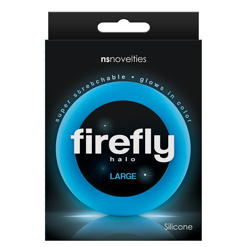 Product packaging for large blue Firefly Halo cock ring with product image on a dark background, text 'super stretchable' and 'glows in color', and nsnovelties branding