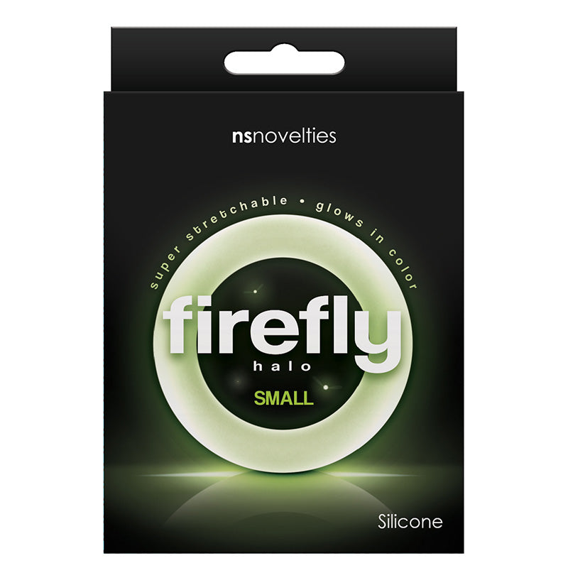 Product packaging for small clear Firefly Halo cock ring with product image on a dark background, text 'super stretchable' and 'glows in color', and nsnovelties branding