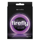 Product packaging for medium purple Firefly Halo cock ring with product image on a dark background, text 'super stretchable' and 'glows in color', and nsnovelties branding