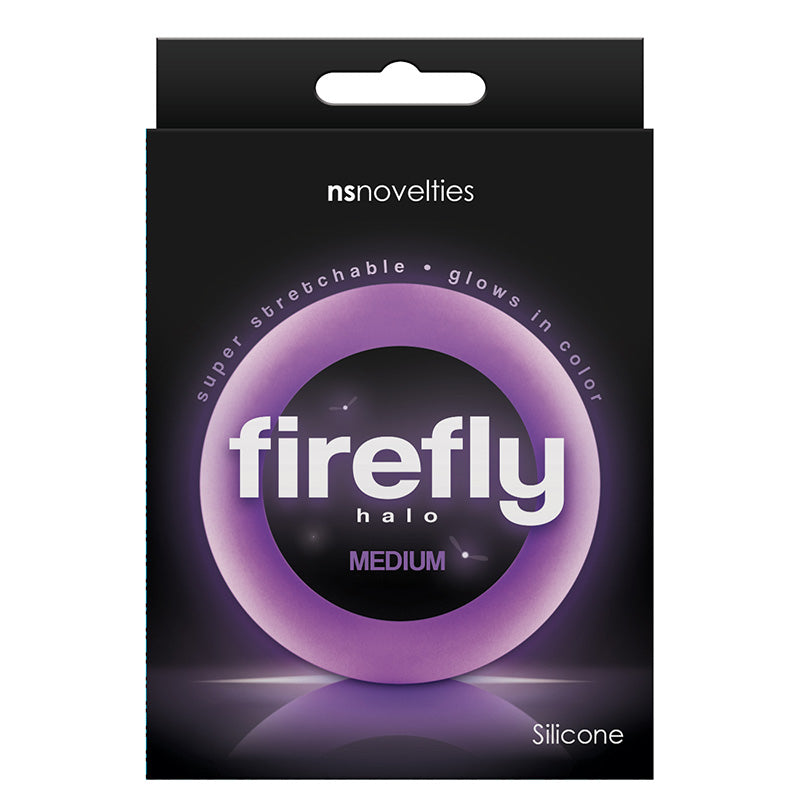 Product packaging for medium purple Firefly Halo cock ring with product image on a dark background, text 'super stretchable' and 'glows in color', and nsnovelties branding