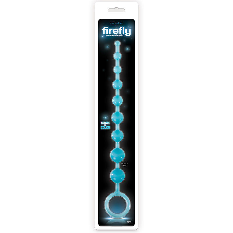 Product packaging for blue Firefly Pleasure Beads Glow In The Dark Anal Beads with nsnovelties branding