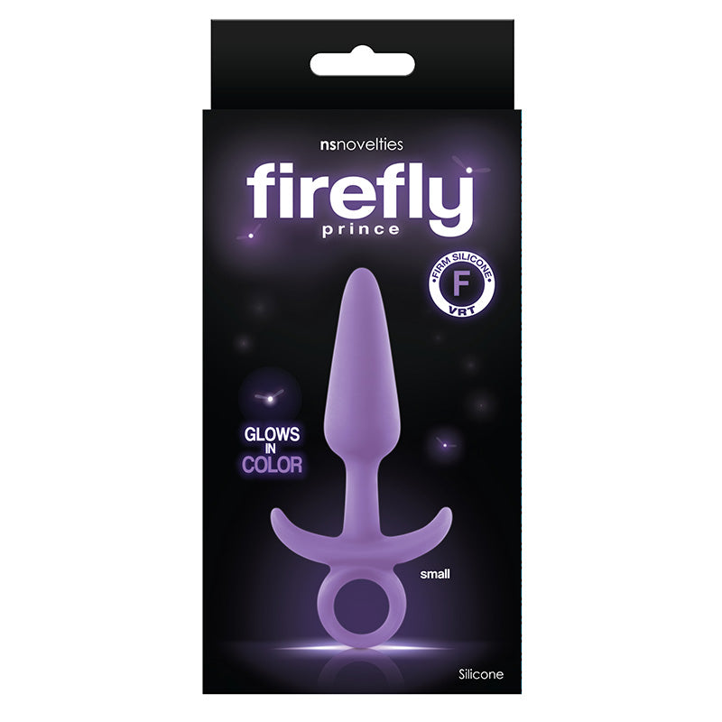 Purple 'Firefly Prince' product packaging with glow-in-the-dark butt plug with retrieval ring on a black background