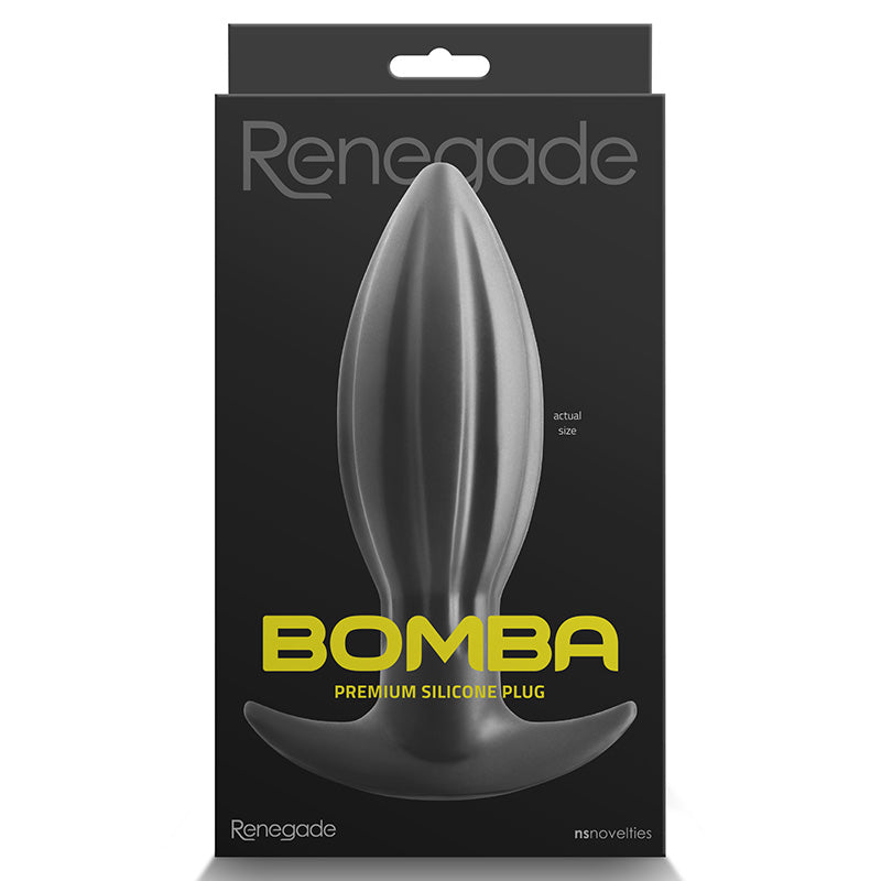 Front of black packaging for Renegade Bomba Premium Silicone Plug with grey product image and nsnovelties branding on a white background