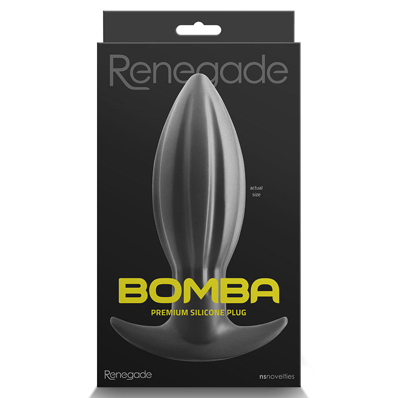 Front of black packaging for Renegade Bomba Premium Silicone Plug with product image and nsnovelties branding on a white background