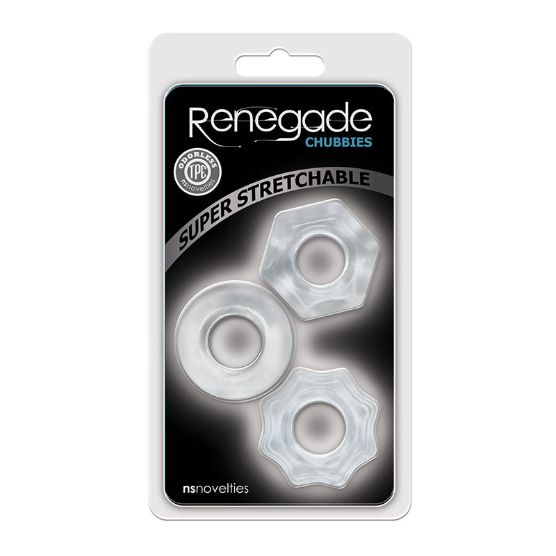 Plastic packaging for three clear cock rings named 'Renegade Chubbies' with text 'odorless TPE' and 'super stretchable',  and nsnovelties branding