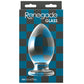 Product packaging for NSN-1175-11 Renegade Glass Bishop Anal Plug showing large tapered clear glass butt plug on a black and blue checkered background with title 'Renegade Glass' and nsnovelties branding
