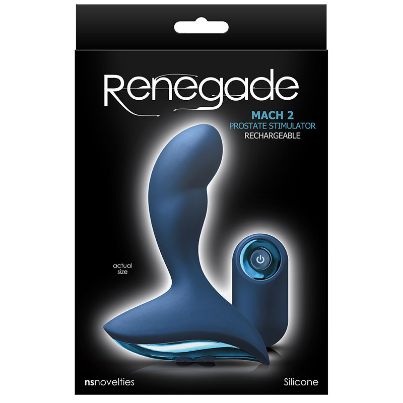 Black packaging for blue Renegade Mach 2 Rechargeable Prostate Stimulator showing product image with remote control on a white background