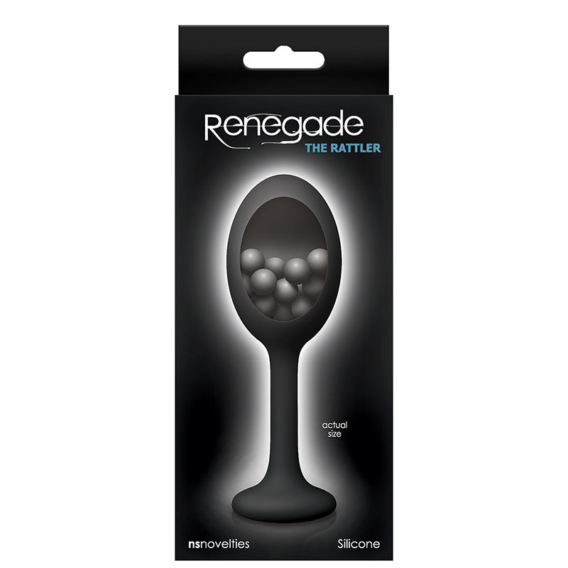 Black packaging of Renegade The Rattler round black silicone anal plug with long stem and moving inner balls on a white background