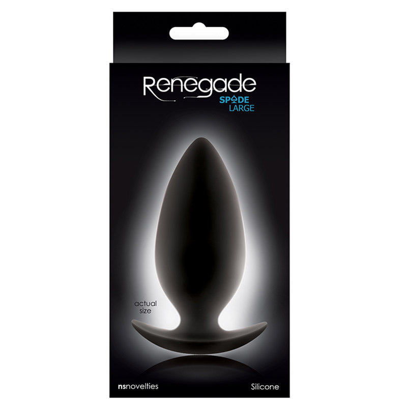 Product packaging for Renegade Spade Large silicone butt plug on a white background