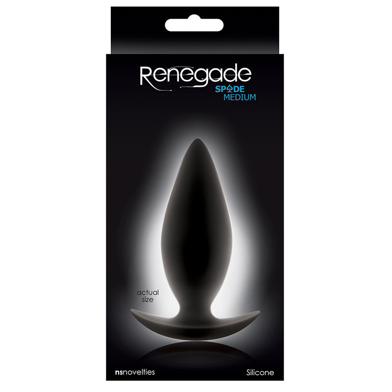 Product packaging for Renegade Spade Medium silicone butt plug on a white background