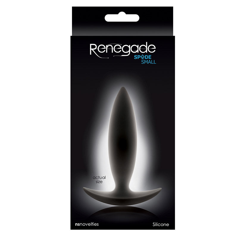 Product packaging for Renegade Spade Small silicone butt plug on a white background