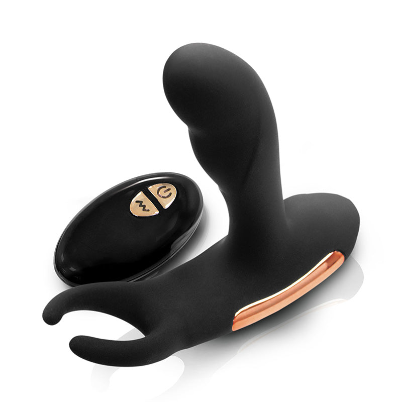Black Sphinx prostate massager with gold accents and remote control