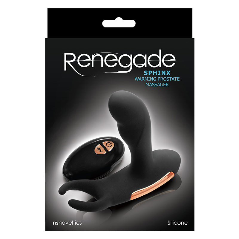 Packaging of a Renegade Sphinx warming prostate massager on a black background