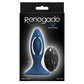 Product packaging for blue silicone Renegade Vibrating V2 rechargeable butt plug with remote control