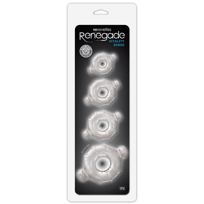 Packaging of Renegade Vitality Rings with product images on a white background