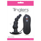 Product packaging for Tinglers vibrating plug I with image of black curved beaded silicone anal plug with wired remote control on a white background