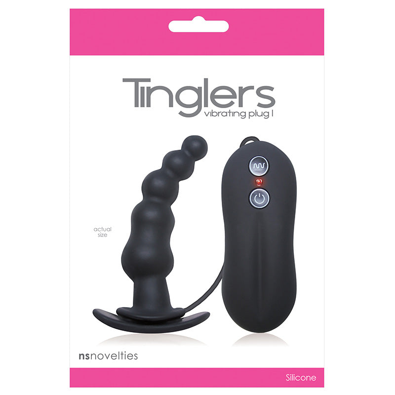 Product packaging for Tinglers vibrating plug I with image of black curved beaded silicone anal plug with wired remote control on a white background