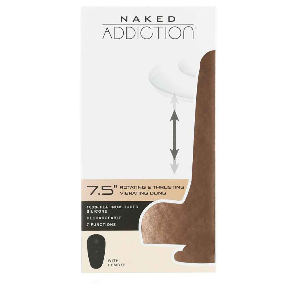 Naked Addiction product packaging with text and a silhouette of a thrusting dildo.