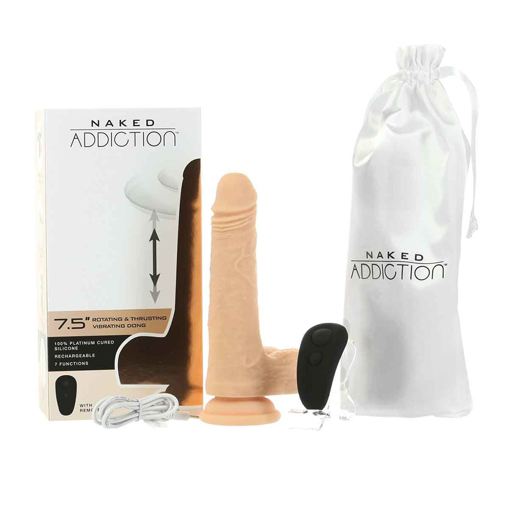 Naked Addiction realistic dildo with packaging and white drawstring bag on a white background