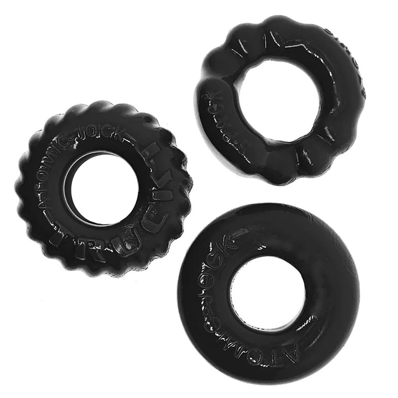 Front view of three black textured Bonemaker cock rings on a white background