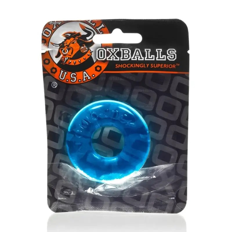 Blue Do-Nut-2 fatty cock ring in plastic packaging with Oxballs branding on a white background 