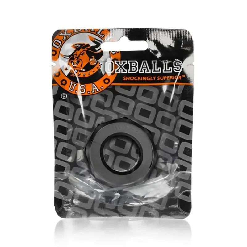 Black Humpballs cock ring in clear plastic packaging with 'Oxballs' branding on a white background