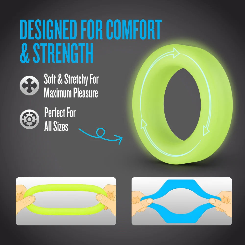 Green ring with text about comfort, strength, softness, stretchiness, and suitability for all sizes on a dark background.