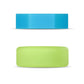 Side view of green round and blue hexagonal objects on a white background