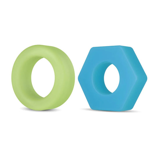 Green ring and blue hexagonal block on a white background