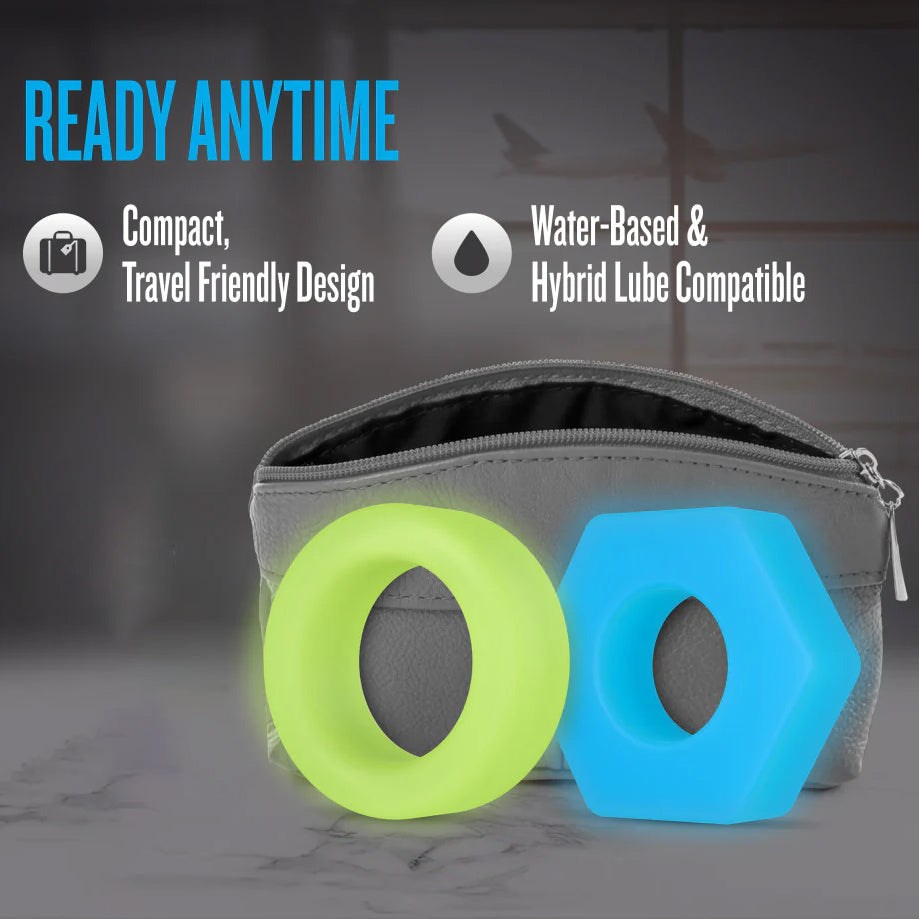 Two silicone rings, one green and one blue, in front of a gray pouch with text about compact design and compatibility.