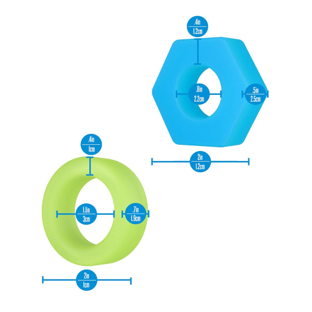 Two silicone cock rings, one green round and one blue hexagonal, with measurements on a white background.