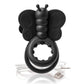 Front view of black butterfly-shaped vibrating cock ring with USB charging cable on a white background