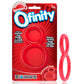 Red product packaging of red Screaming O Ofinity dual cock ring next to product image with a pink ring on a white background