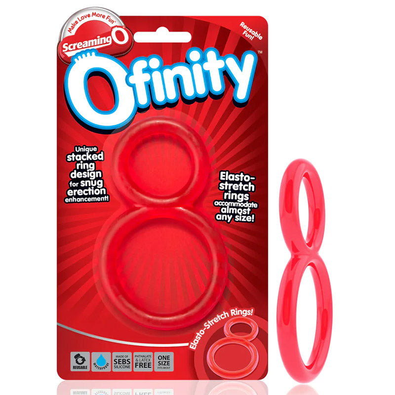 Red product packaging of red Screaming O Ofinity dual cock ring next to product image with a pink ring on a white background