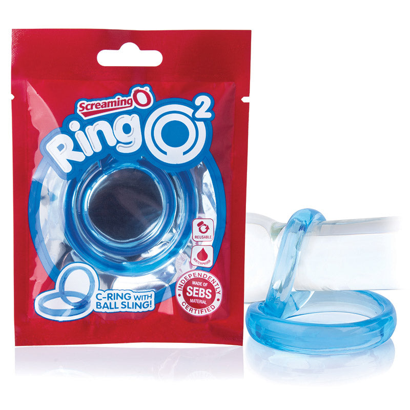 Blue C-ring with ball sling packaging with Screaming O branding on a white background
