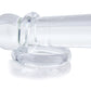Clear cock and ball ring worn on a clear shaft on a white background