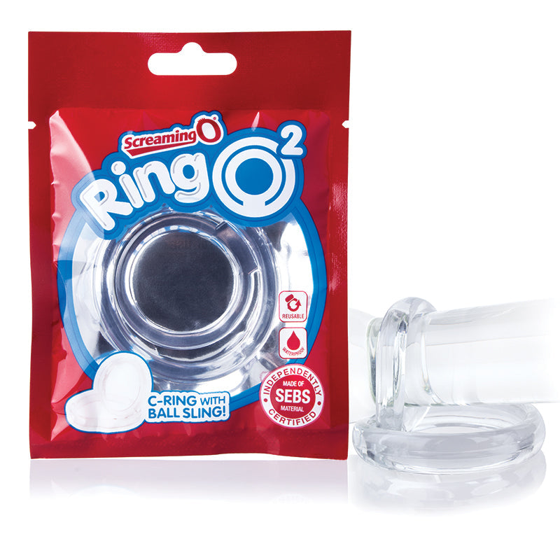 Clear C-ring with ball sling packaging featuring 'Screaming O' brand on a white background.