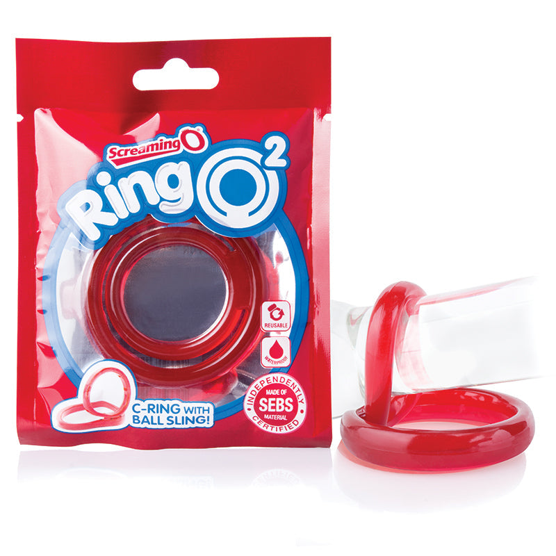 Red C-ring with ball sling packaging on a white background