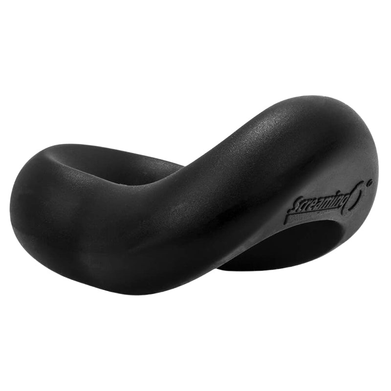 Curved black silicone cock ring with "Screaming O" branding on a white background