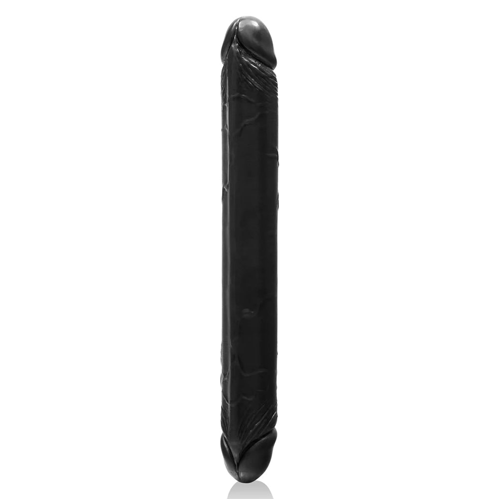 Black realistic double-ended dildo on a white background