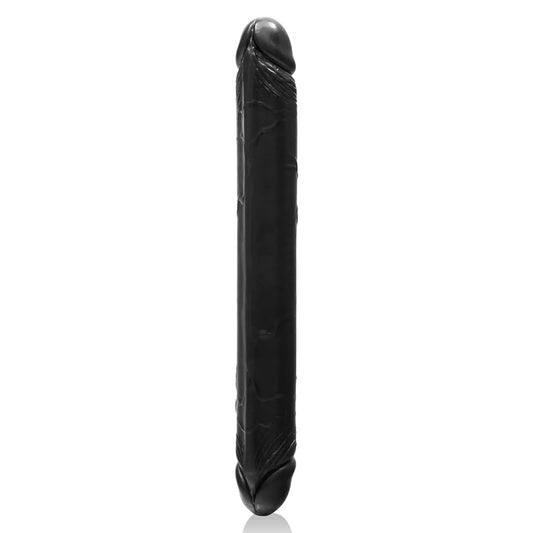 Black realistic double-ended dildo on a white background