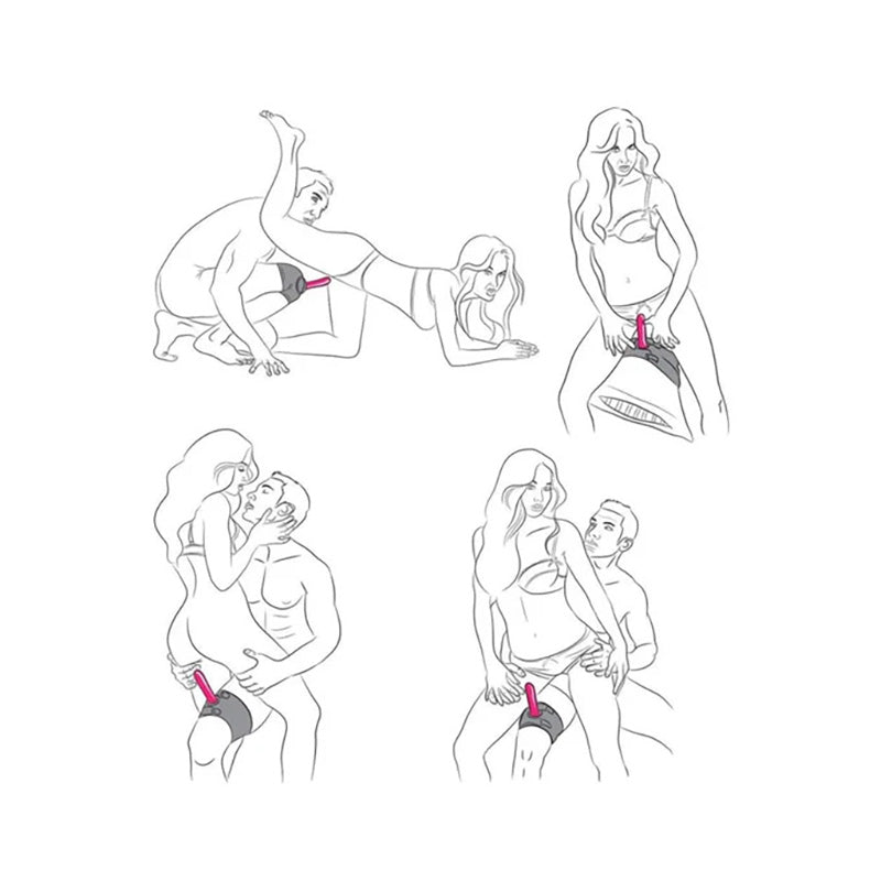 Illustrations of positioning possibilities with the Sportsheets Thigh Strap-On Harness on a white background